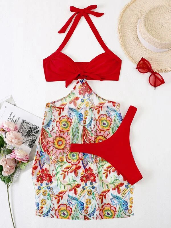 Damen Bikini-Set mit verspieltem Knotendesign und floralem Wickelrock Drune