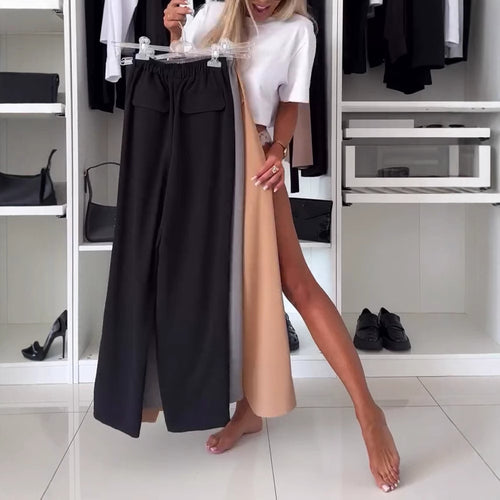 Damen nan weite Palazzo-Hose mit elastischem Bund und aufgesetzten Klappentaschen Drune