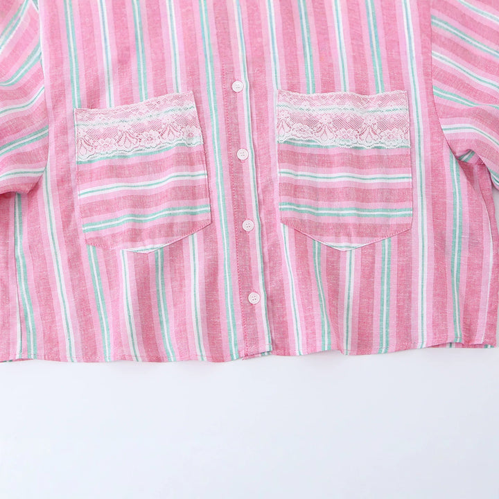 Damen Kurz geschnittene Leinenbluse mit Streifenmuster und Spitzenbrusttaschen Drune