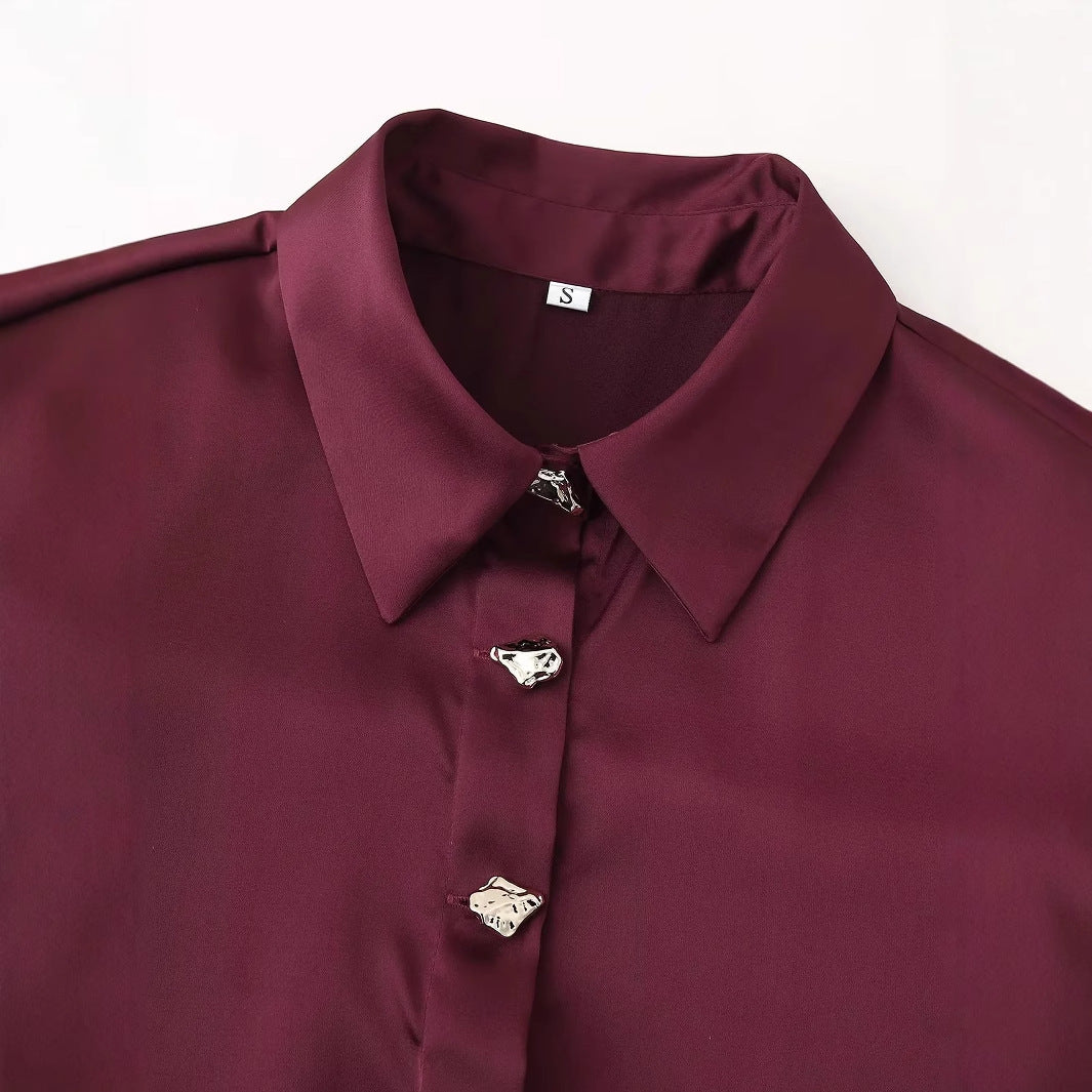 Damen nan seidige Hemdbluse mit Schmuckknöpfen, klassischem Kragen und lockerem Fall Drune