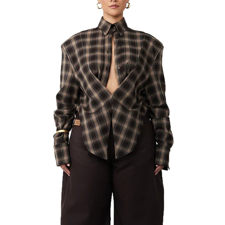 Damen Modische Karobluse mit tiefem Ausschnitt Drune