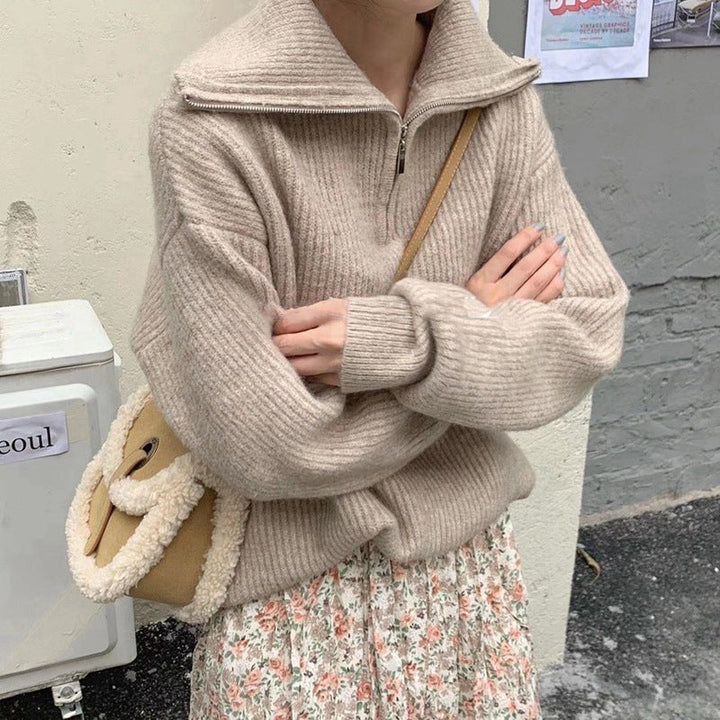Damen Leichter Strickpullover mit hohem Kragen und Reißverschluss Drune