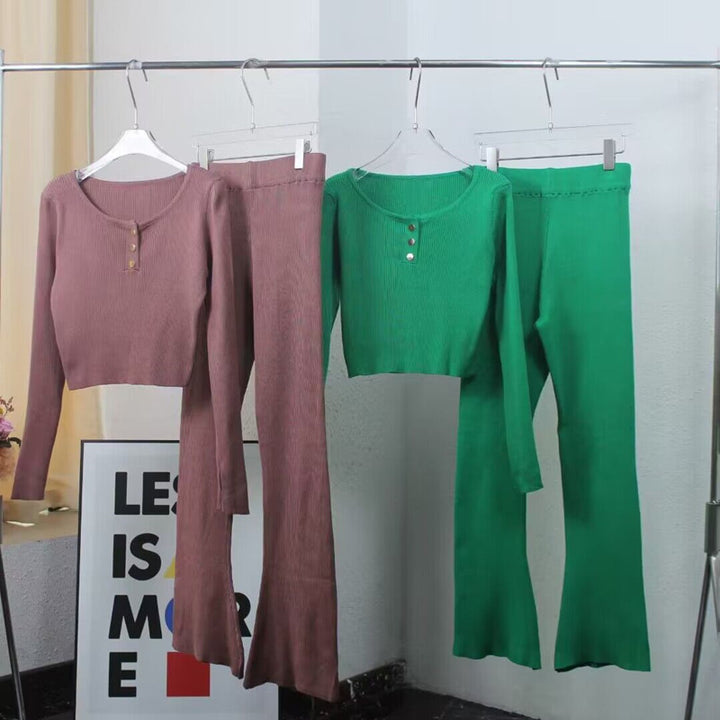 Damen lässiges Strick-Loungewear-Set mit Knopfdetails und weitem Bein Drune
