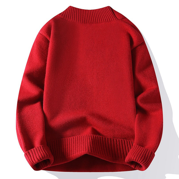 Herren V-Ausschnitt Strickpullover mit integriertem Kontraststreifen-Schal und gerippten Bündchen Drune