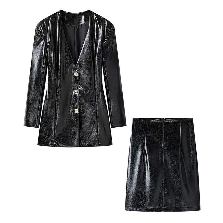 Damen Lackblazer-Minikleid mit taillierten Abnähern und goldenen Zierknöpfen Drune