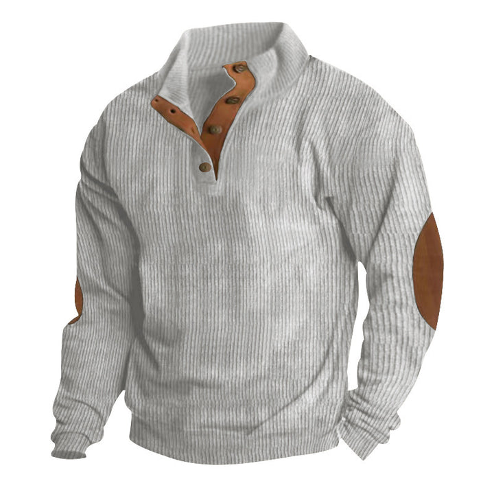 Herren nan rustikaler gerippter Pullover mit Henley-Kragen und lederartigen Ellbogenbesätzen Drune