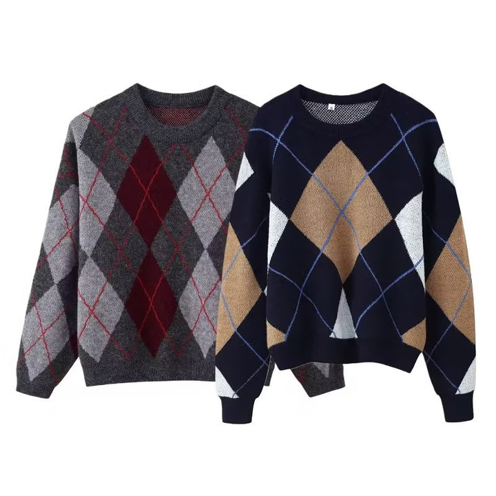 Damen Rauten-Argyle Strickpullover mit Rundhals und leichtem Oversize-Schnitt Drune