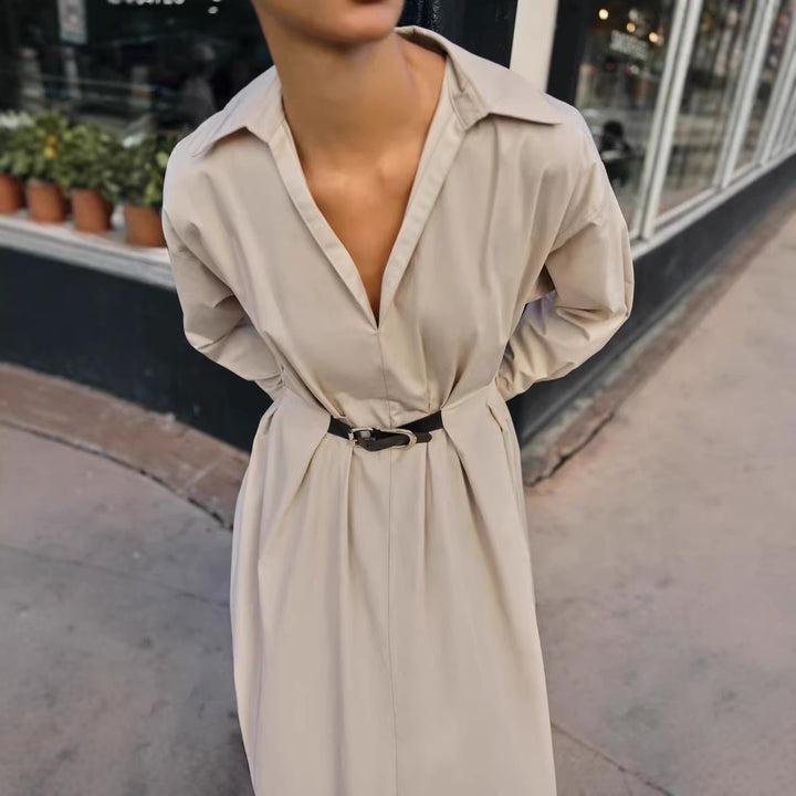 Damen Hemdblusenkleid mit Plissée‑Rock und schmalem Taillengürtel Drune