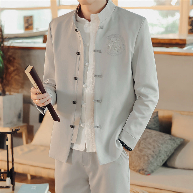 Herren nan asiatisch inspirierte Mandarinjacke mit Stehkragen, Knotenknopfleiste und tonalem Stick-Emblem Drune