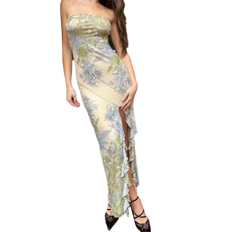 Damen Elegantes Bandeau-Kleid mit floralem Design und hohem Schlitz Drune