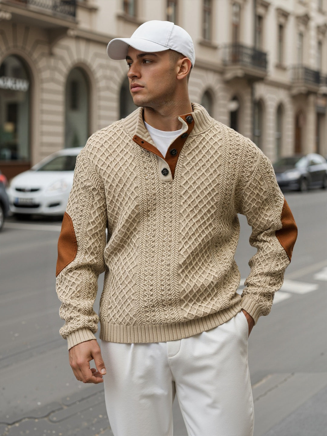 Herren Troyer-Pullover mit Stehkragen, strukturierter Strickoptik und Kontrast-Ellbogenpatches Drune