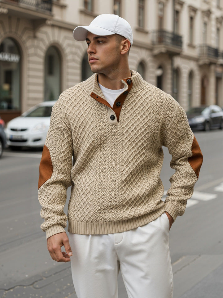 Herren Troyer-Pullover mit Stehkragen, strukturierter Strickoptik und Kontrast-Ellbogenpatches Drune