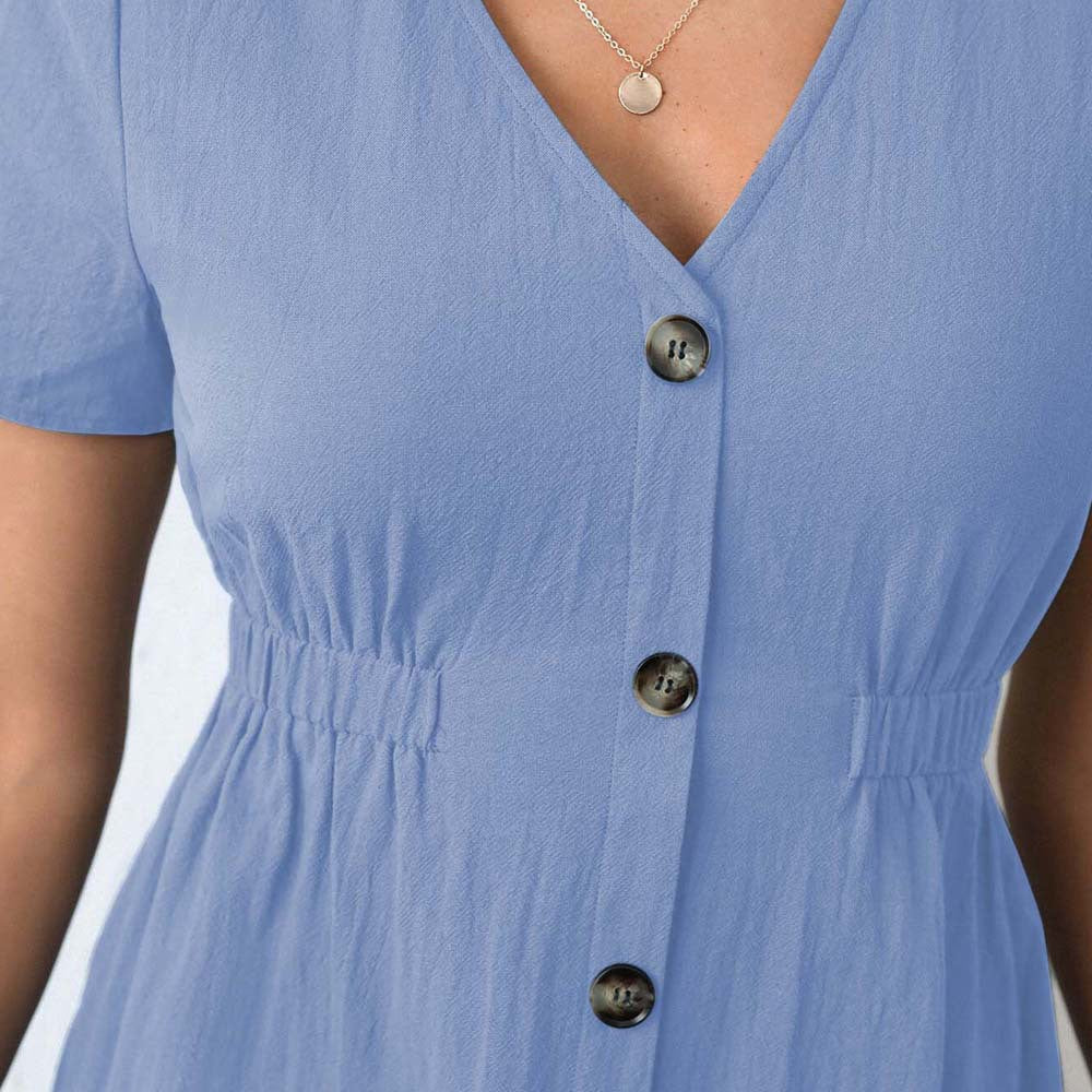 Damen Kurzarmkleid mit Knopfdetails und elastischem Taillengürtel Drune