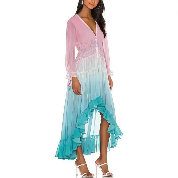Damen Maxikleid mit Volant-Details und elastischem Oberteil Drune