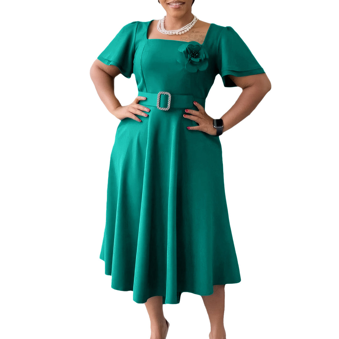 Damen Midi Kleid mit gerafftem Ausschnitt und breitem Gürtel Drune