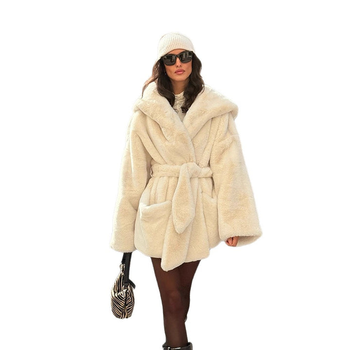 Damen Oversize Teddy-Mantel mit extragroßem Schalkragen und Wickelgürtel Drune