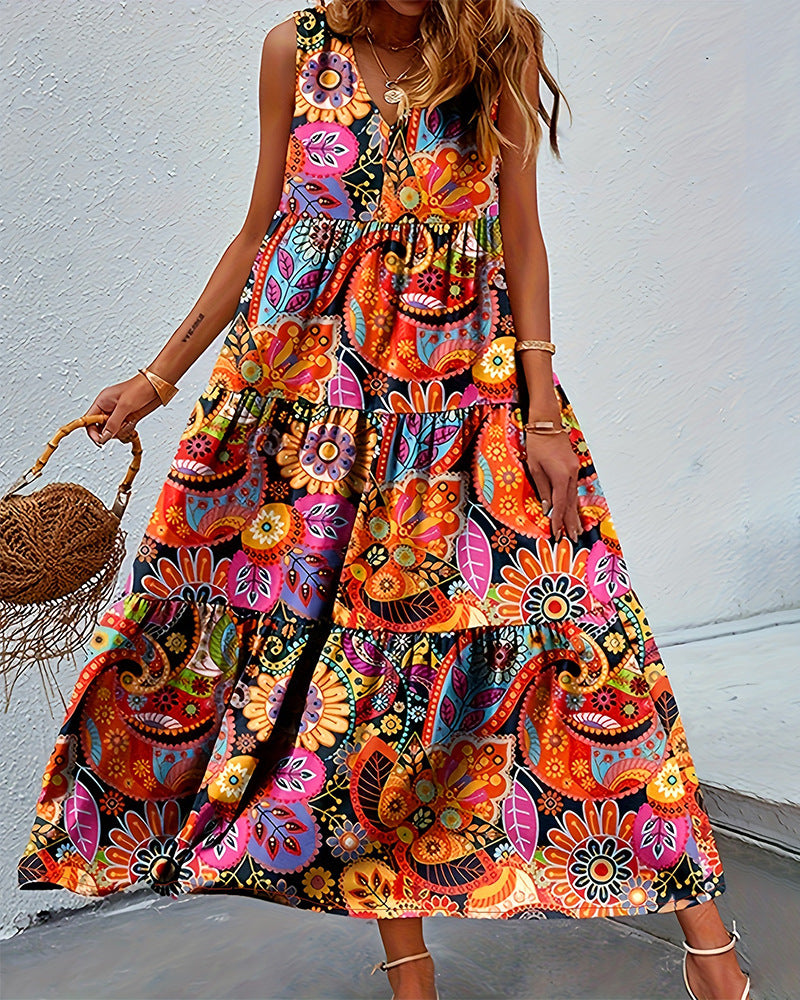 Damen nan stufenförmiges Boho-Maxikleid mit V-Ausschnitt und geraffter Unterbrustnaht Drune