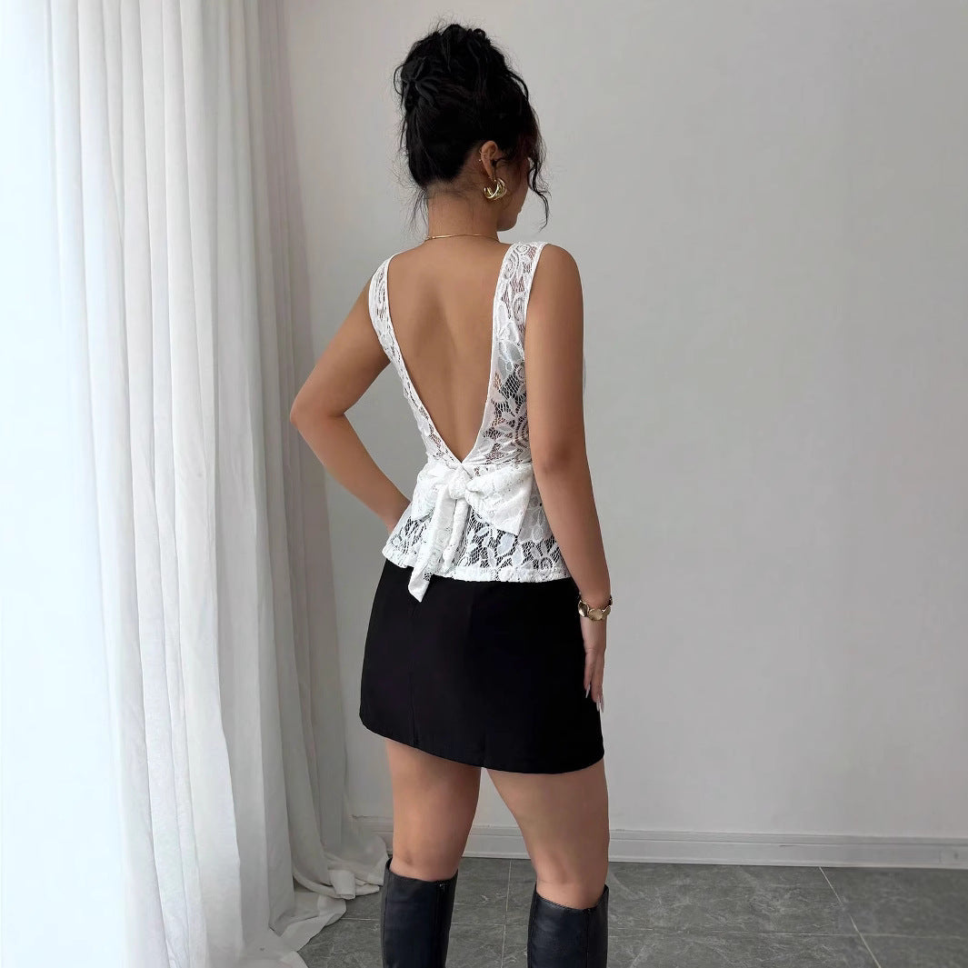 Damen nan tailliertes ärmelloses Spitzen-Peplum-Top mit gefütterter Brustpartie und transparentem Volant Drune