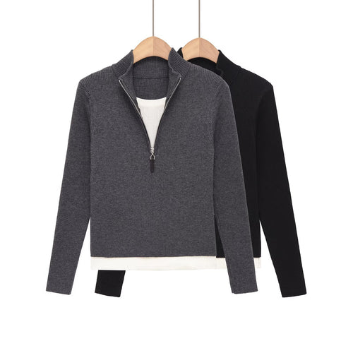 Damen Feinstrickpullover mit halbem Reißverschluss, Stehkragen und Lagenlook-Saum Drune