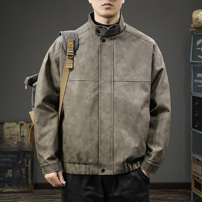 Herren stylische Kunstlederjacke mit hochgeschlossenem Kragen und praktischen Taschen Drune