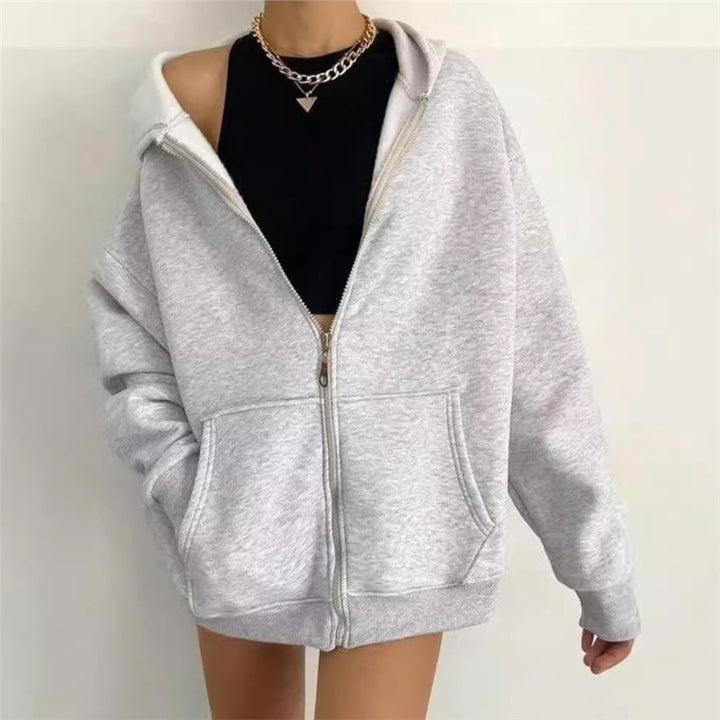 Damen nan oversized Zip-Hoodie mit French-Terry Fleece, Kängurutaschen und verlängerten Ärmelbündchen Drune