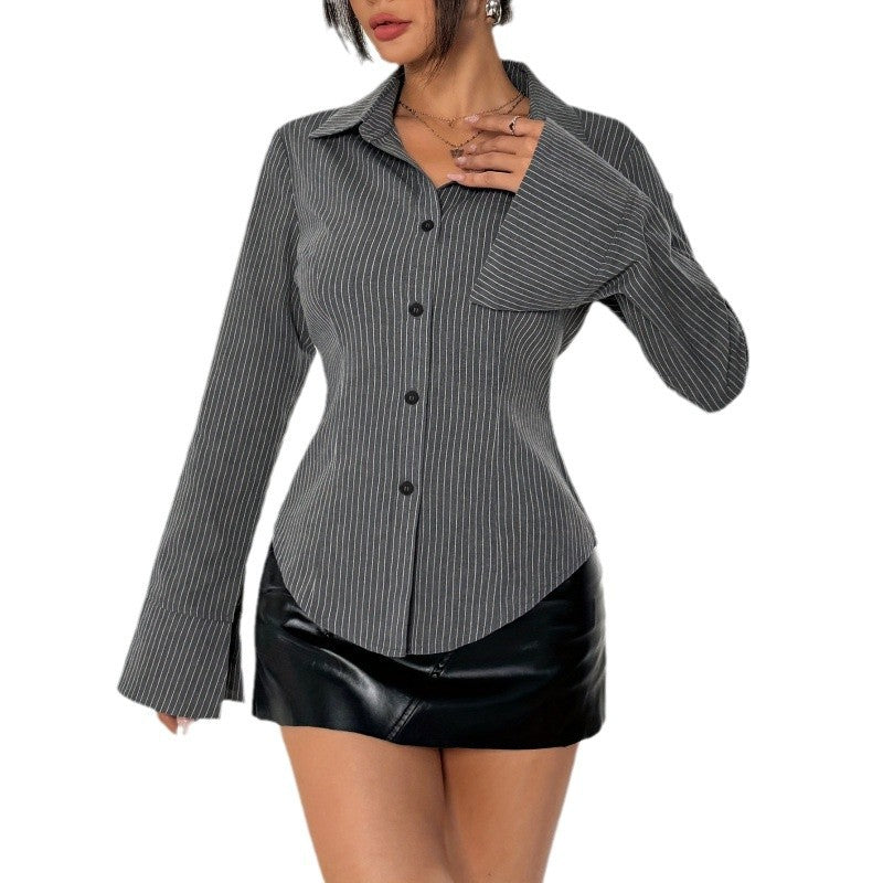 Damen Elegante Hemdbluse mit gestreiftem Design und weit ausgestellten Ärmeln Drune