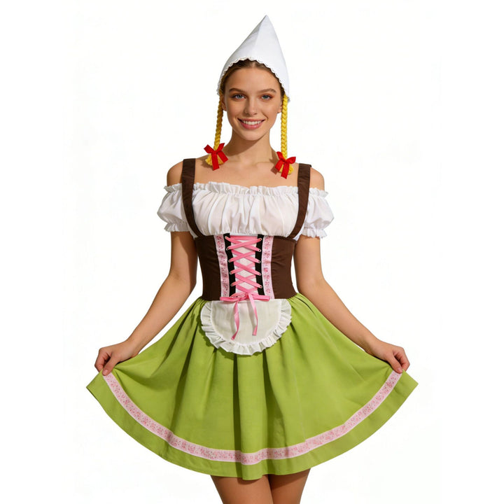 Damen nan traditionelles Oktoberfest Dirndl Kostüm mit Schnürkorsett, Schürze und Zipfelmütze Drune