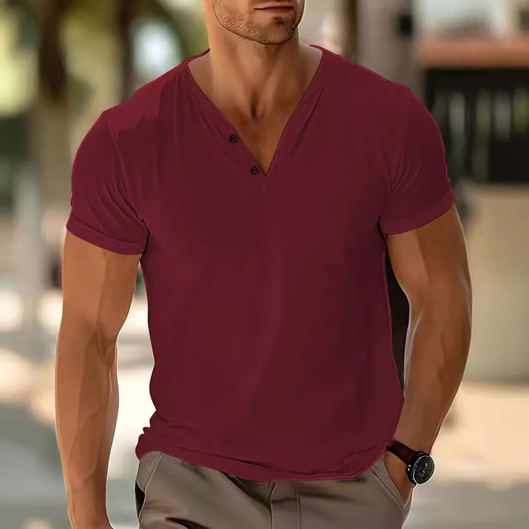 Herren nan kurzärmeliges Henleyshirt mit V-Ausschnitt und Zweiknopfleiste aus Baumwollmix Drune