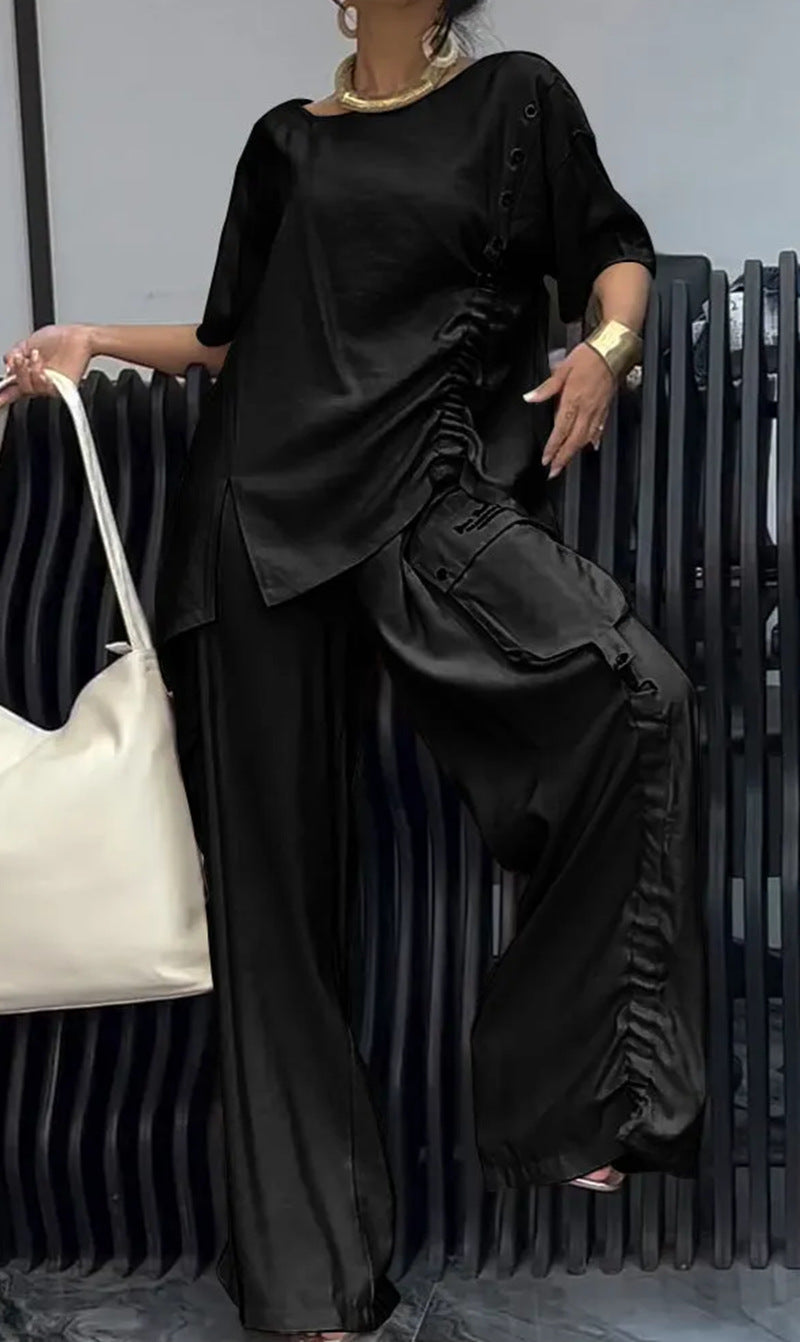 Damen nan legeres zweiteiliges Set mit übergroßem Rundhals-Shirt, seitlicher Raffung und weiter Cargo-Hose Drune