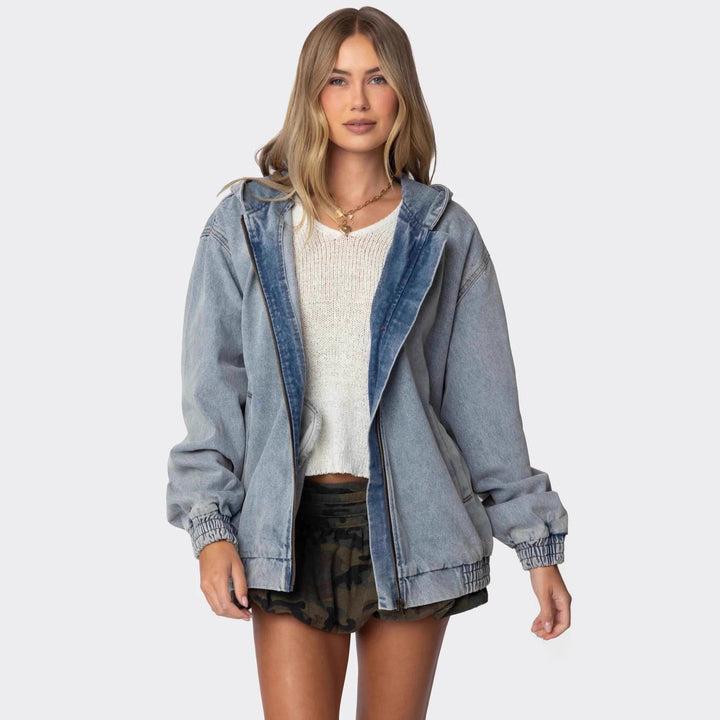 Damen Oversized Denimjacke mit Kapuze und elastischen Bündchen Drune