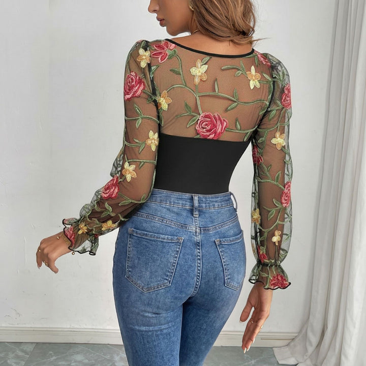 Damen Figurformender Mesh-Body mit Korsettoptik, Balconette-Ausschnitt und bestickten Transparentärmeln Drune