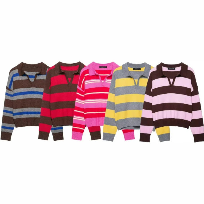 Damen Cropped Rugby-Strickpullover mit Kentkragen und V‑Ausschnitt Drune
