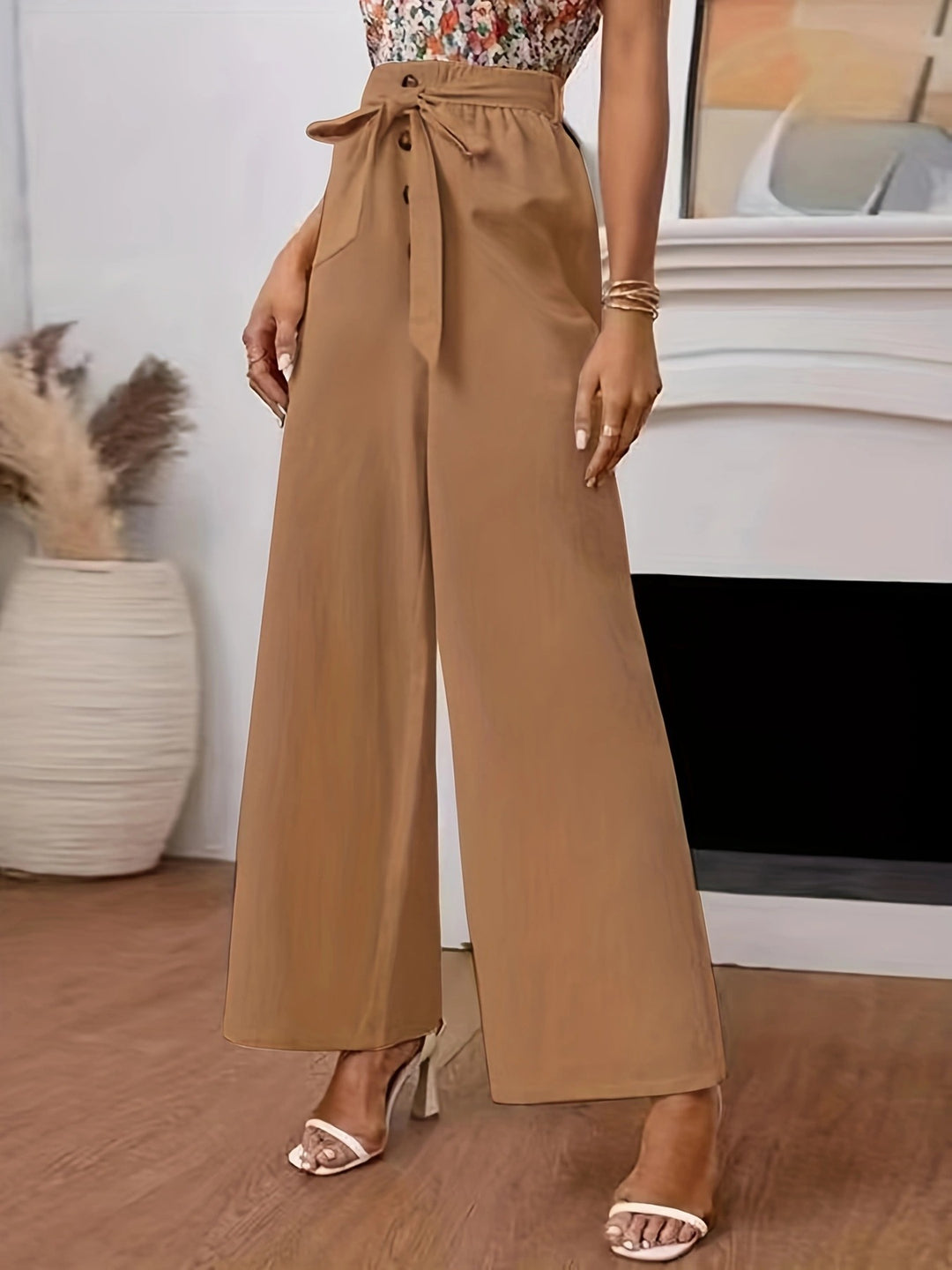 Damen Palazzo-Hose mit elegantem Taillengürtel und stylischen Knopfdetails Drune