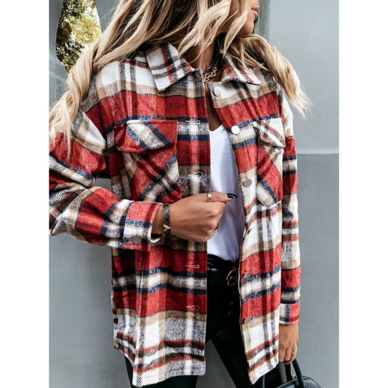 Damen Oversized Karo-Hemdjacke mit Druckknöpfen und aufgesetzten Brusttaschen Drune