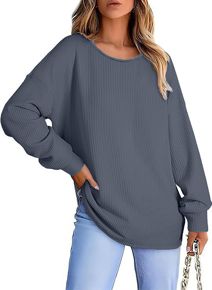 Damen Oversize Waffelstrickpullover mit Rundhals, Ballonärmeln und verlängertem Saum Drune