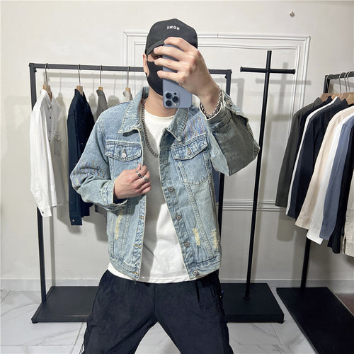 Herren Modische Jeansjacke mit kreativen Applikationen Drune