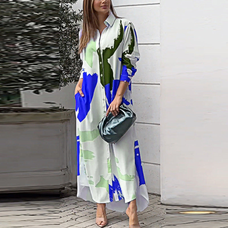 Damen Langes Hemdblusenkleid mit abstraktem Pinselprint und seitlichen Eingrifftaschen Drune