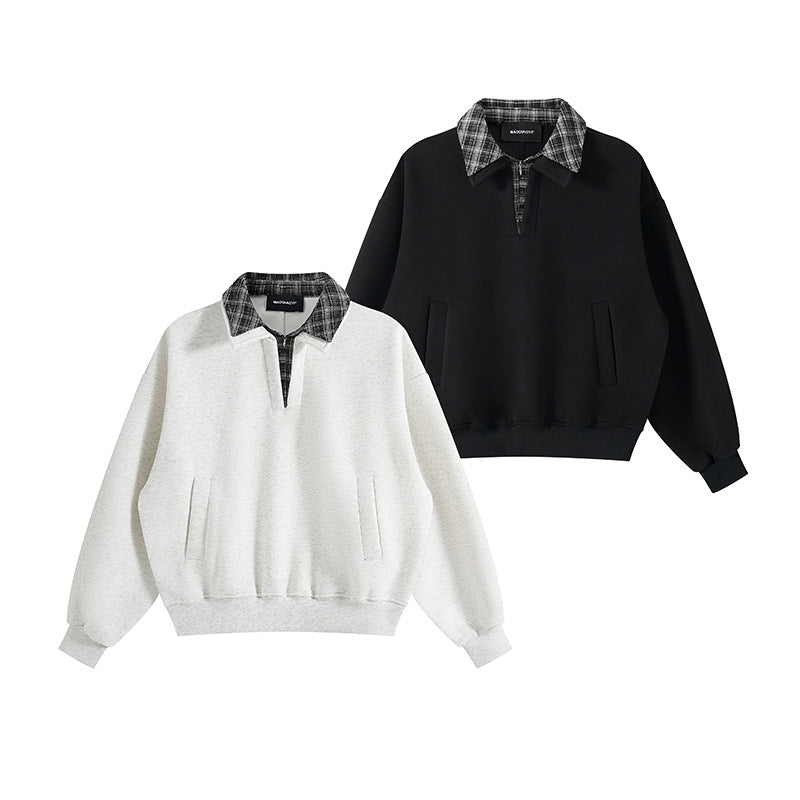 Unisex Lagenlook-Sweatshirt mit eingenähtem Karokragen und seitlichen Einschubtaschen Drune