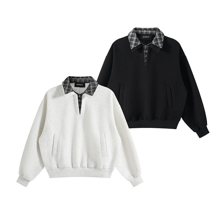 Unisex Lagenlook-Sweatshirt mit eingenähtem Karokragen und seitlichen Einschubtaschen Drune