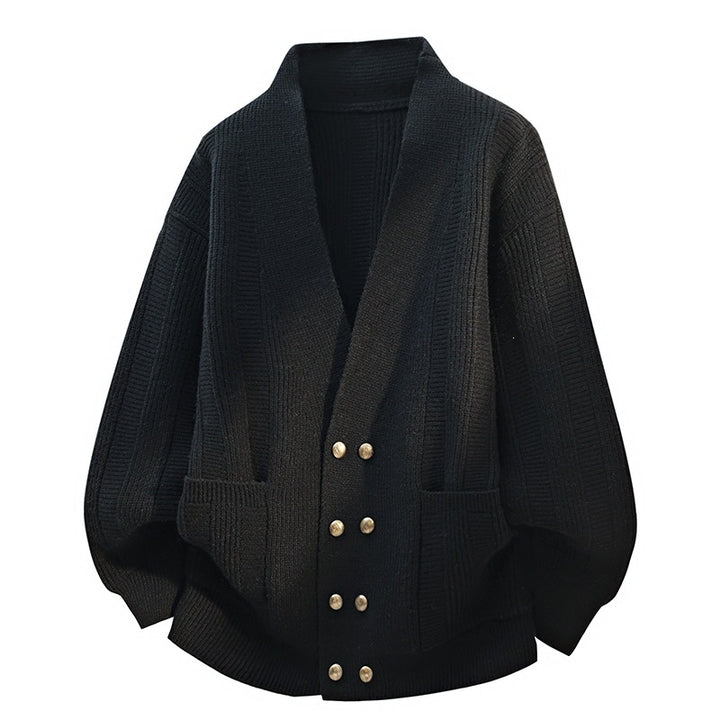Damen Oversize Strickcardigan mit Schalkragen, doppelreihiger Knopfleiste & Eingrifftaschen Drune