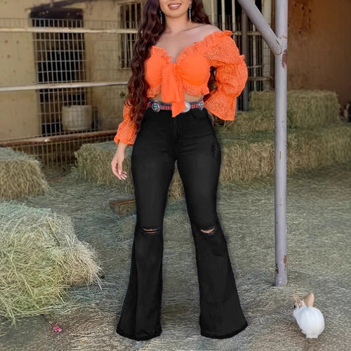 Damen High-Waist Bootcut-Jeans mit Knie-Rissen und figurbetontem Sculpting-Schnitt Drune