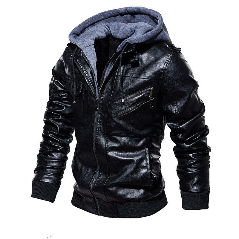 Herren Trendige Lederjacke mit Kapuze Drune