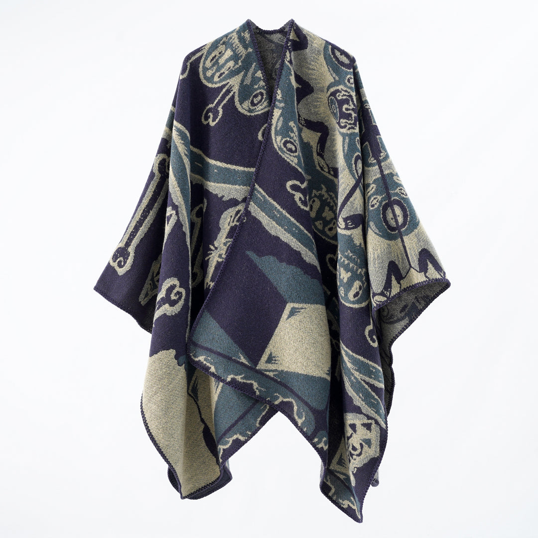 Damen Statement-Capeponcho aus jacquardgewebtem Wollmix mit Skull- und Knochenmuster Drune
