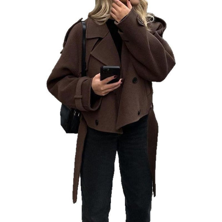 Damen Kurzschnitt Woll-Cabanjacke mit breitem Revers, Bindegürtel und Krempelärmeln Drune