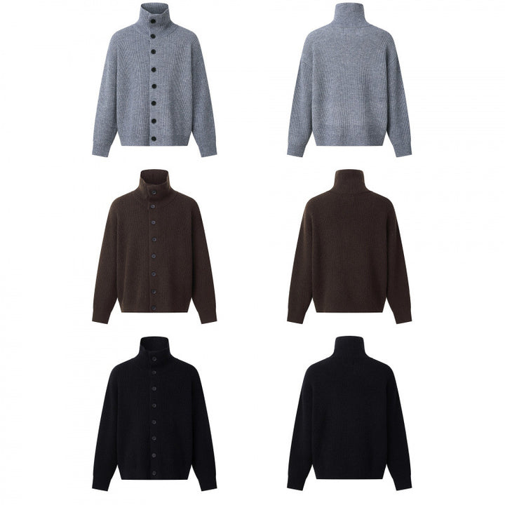 Unisex Boxy-Strickjacke mit Hemdkragen, gerippter Struktur und durchgehender Knopfleiste Drune