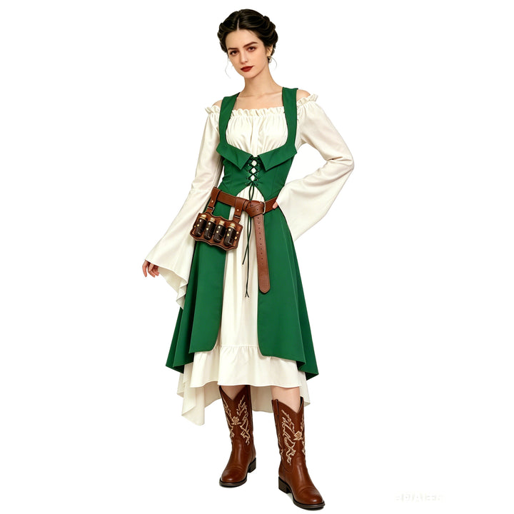 Damen nan schulterfreies Boho Maxikleid mit Volants, asymmetrischem Saum und Glockenärmeln Drune
