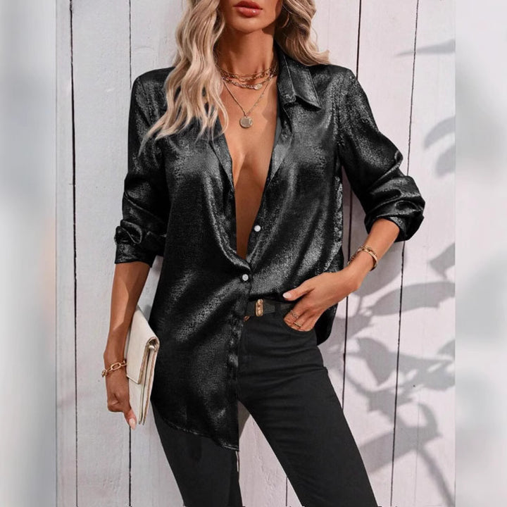 Damen glänzende Satin-Bluse mit modernen Cut-Out-Details Drune