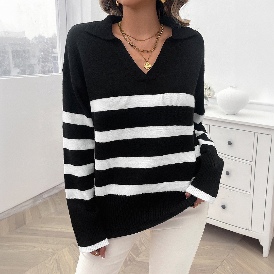 Damen nan lässiger V‑Ausschnitt Strickpullover mit Polokragen, gerippten Ärmelsäumen und markanten Blockstreifen Drune