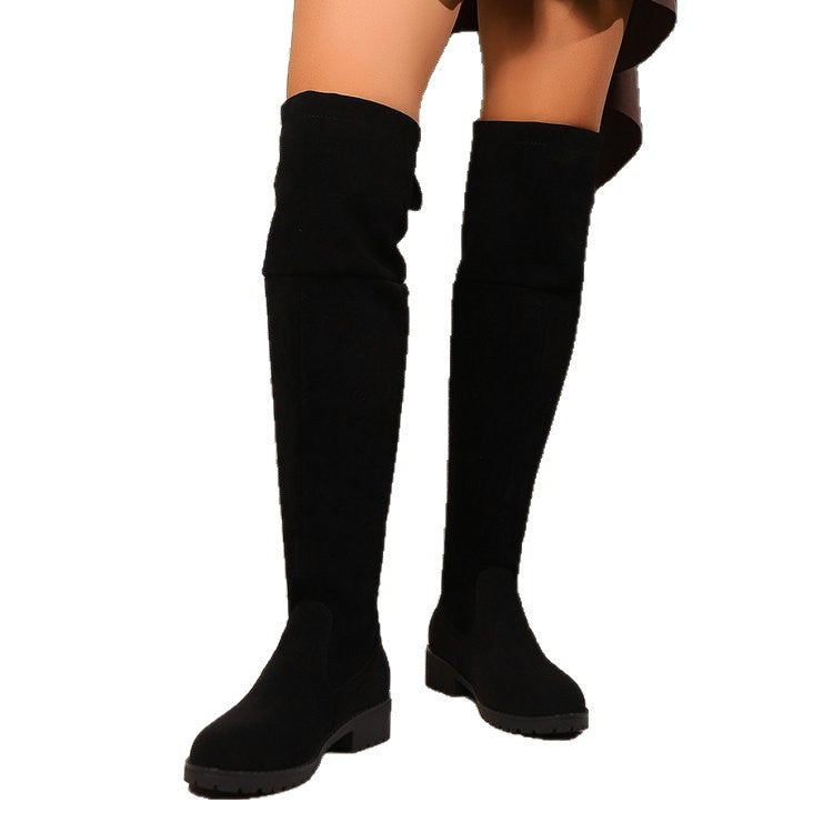 Damen Overknee‑Stiefel aus Veloursoptik mit niedrigem Blockabsatz und profilierter Gummisohle Drune