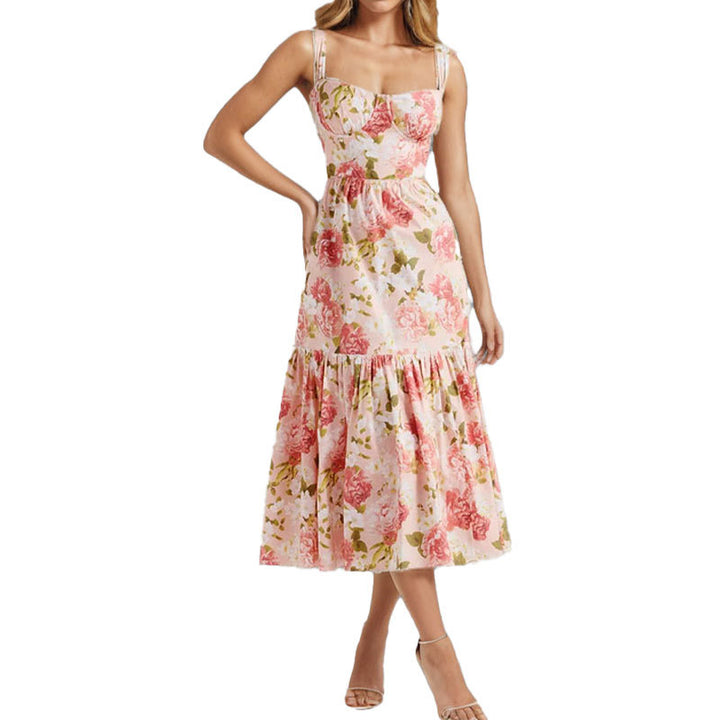 Damen Blumenkleid mit Rüschensaum und schmalen Trägern Drune